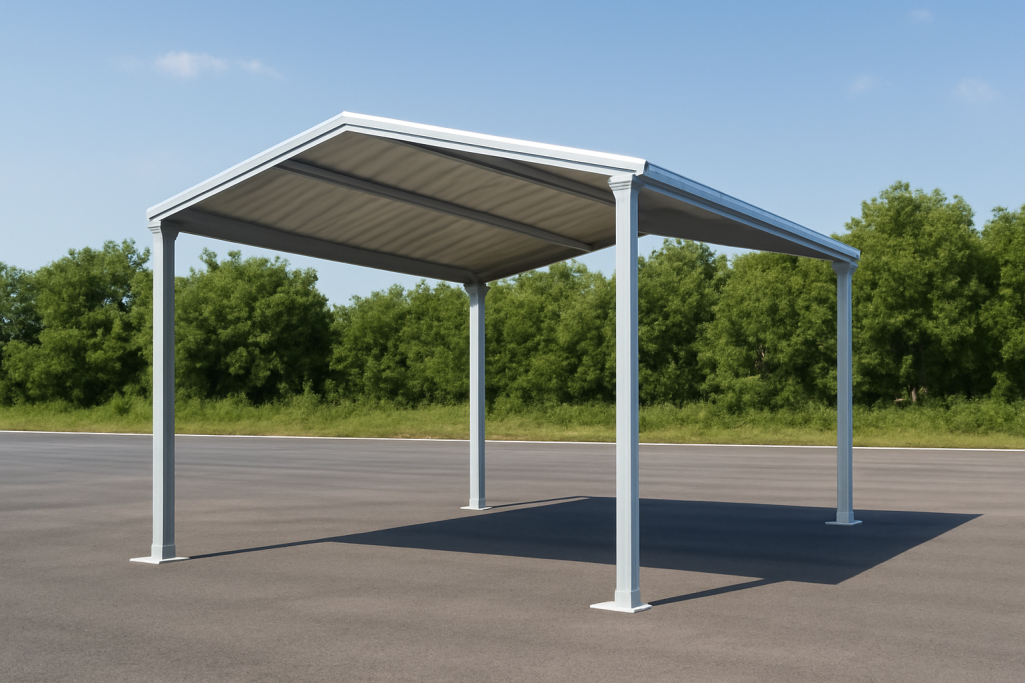 This freestanding canopy features a sleek galvanized steel frame with a sloped corrugated roof, providing versatile shelter. 
