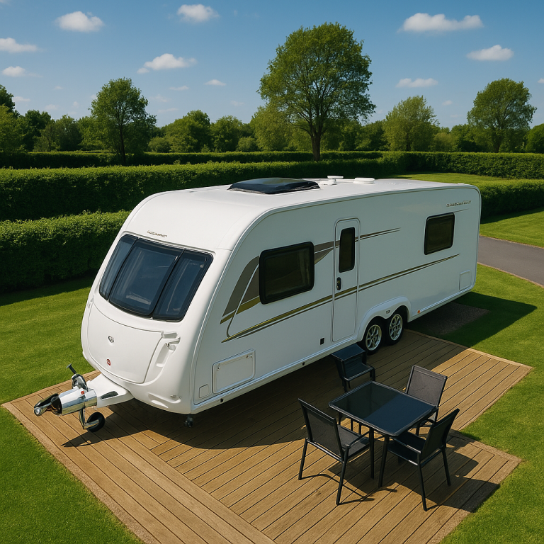 A white caravan parked on a wooden deck surrounded by green hedges and trees.