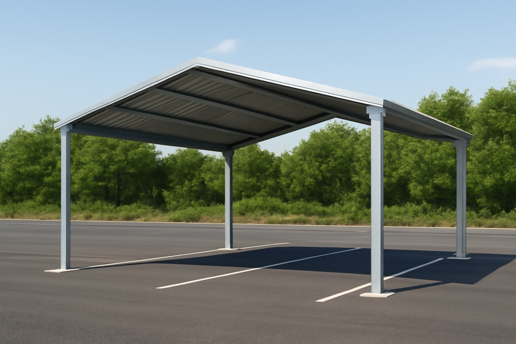 An open-sided canopy with a metal frame and sloped roof, perfect for car wash stations. It protects vehicles from the elements while allowin