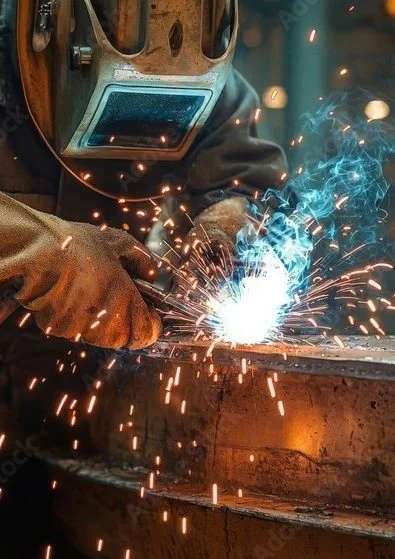A welder sparks while working on metal with protective gear.