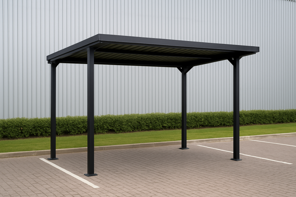 Fabricated black steel matte vehicle shelter canopy made in the UK by Gateway Fabrications Hull. Protect your vehicles today!