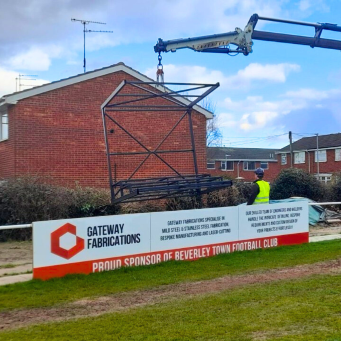 Fabricated sports field and football pitch steel sponsorship barriers by Gateway Fabrications in Hull. Available across the UK