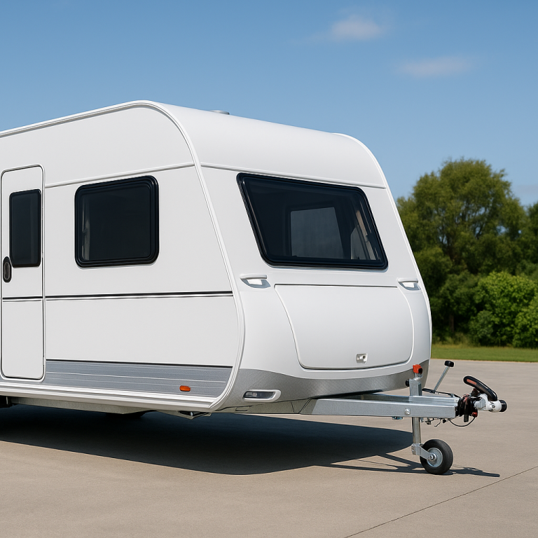 A sleek white caravan parked on a concrete surface with greenery in the background.