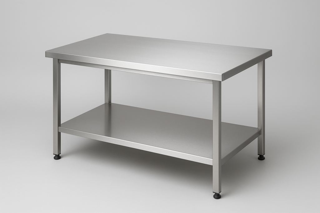 Stainless steel kitchen work table with a lower shelf.