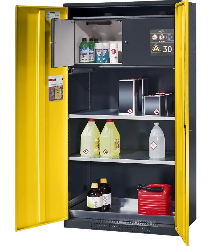 Yellow storage container with a radiation warning sign on it.