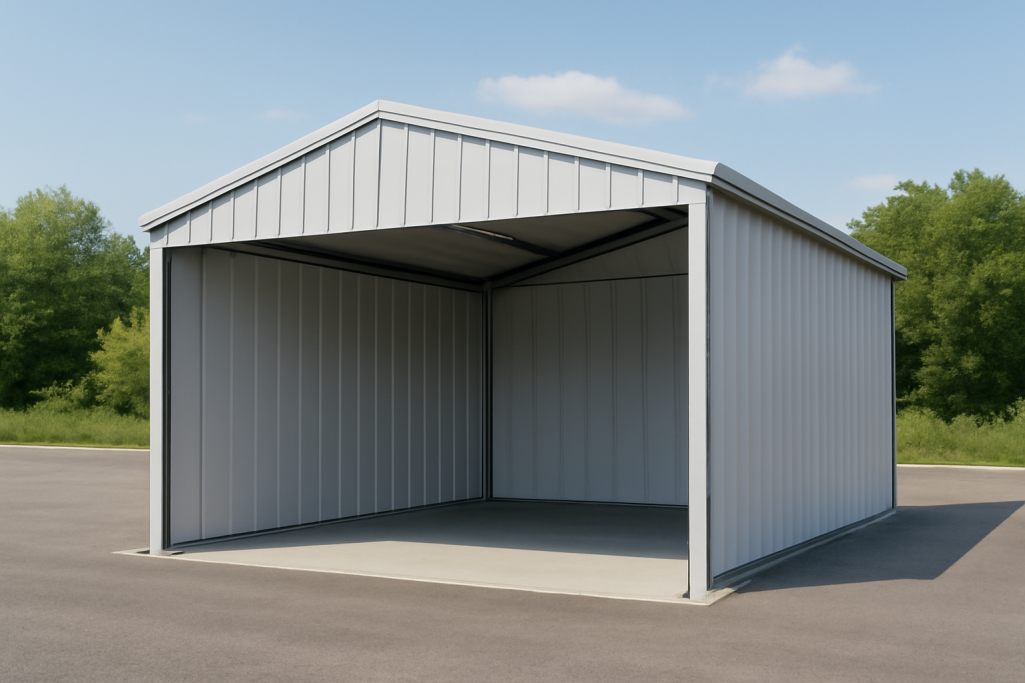 Enclosed metal canopy with a pitched roof and solid walls, offering weather protection for storage, equipment housing, or vehicles. Commonly