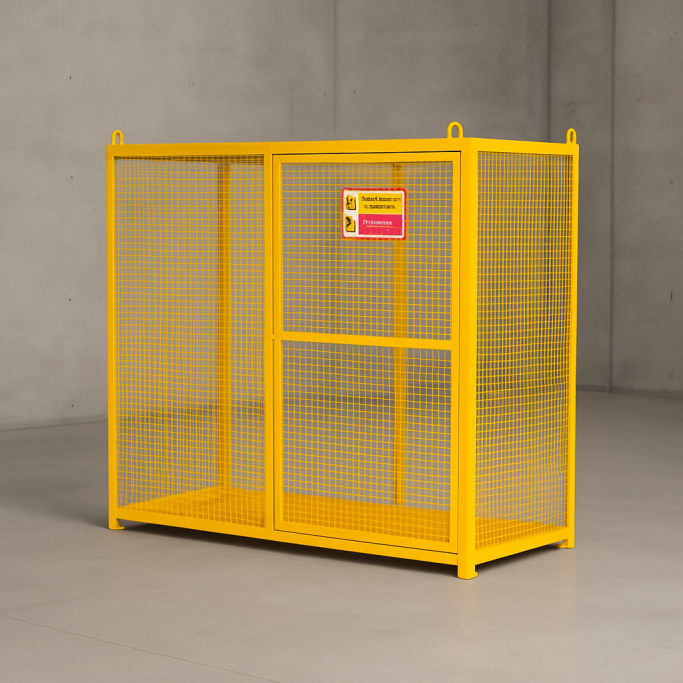Steel safety storage cage fabricated by Gateway Fabrications Hull, supplied nationwide.