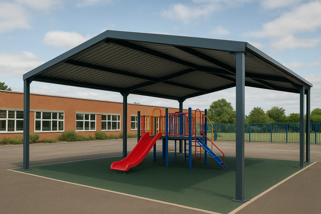 Fabricated steel playground canopy shelter for schools in the UK made by Gateway Fabrications delivered nationwide