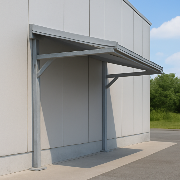 A sleek, wall-mounted canopy with a galvanized steel frame, featuring a corrugated roof and sturdy support beams.